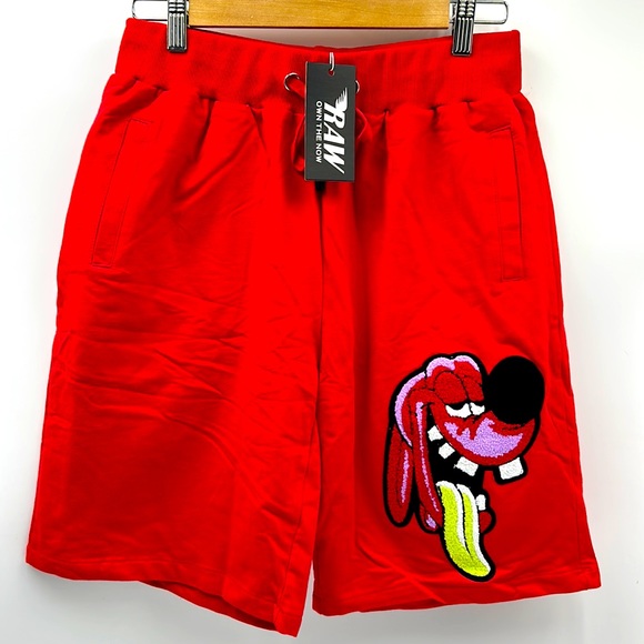 RAW OWN THE NOW MENS SIZE SMALL GRAPHIC PATCH 2 POCKET RED SHORTS - Picture 1 of 11